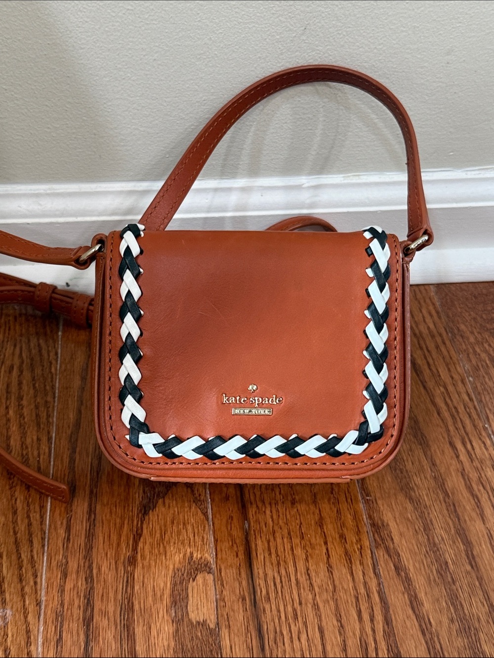 kate spade Tan Leather Crossbody with Black & White Braid Detail